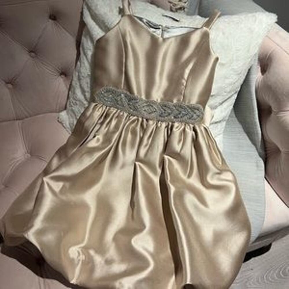 Blue Gorgeous Girls' Beaded Satin gold Dress woth silver sparkle accent Size 8